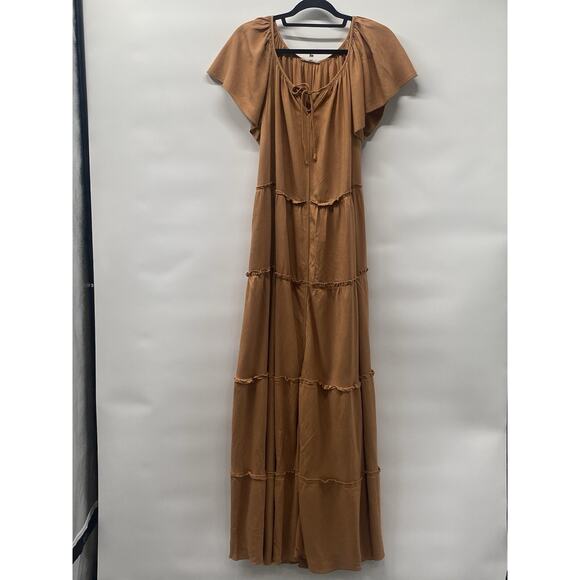 Easel Women’s Flutter Sleeve Tiered Maxi Dress Boho Flowy A-line Size 16 Camel - Picture 2 of 5
